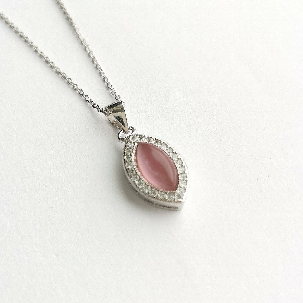 Pink Chalcedony CZ Halo Pendant necklace sterling silver 🆕